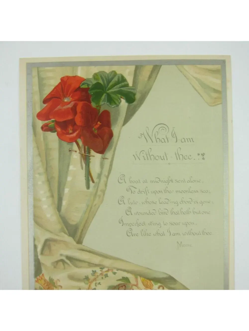 Victorian Valentine Card Red Geranium Flowers Tree White Blossoms Back Antique